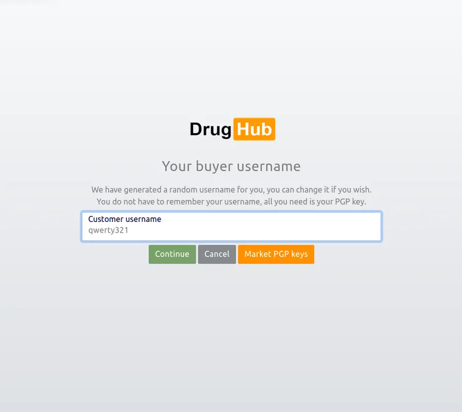 DrugHub PGP-only passwordless login screen
