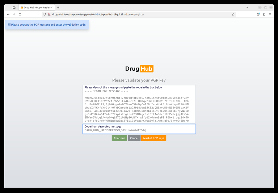 PGP signature verification for DrugHub market onion addresses
