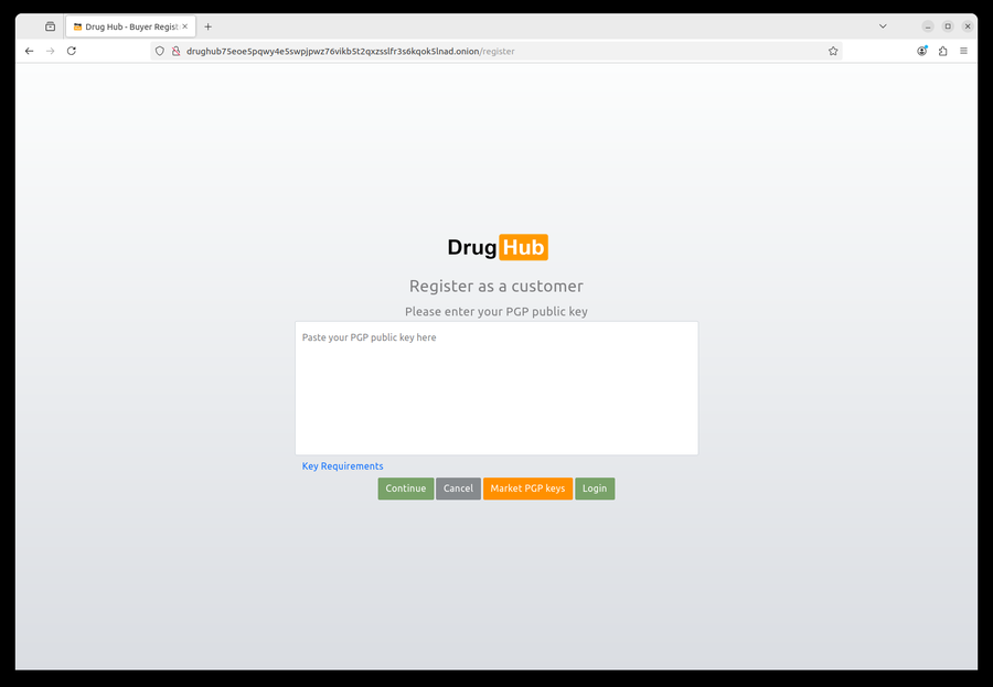 DrugHub market registration screen PGP key upload