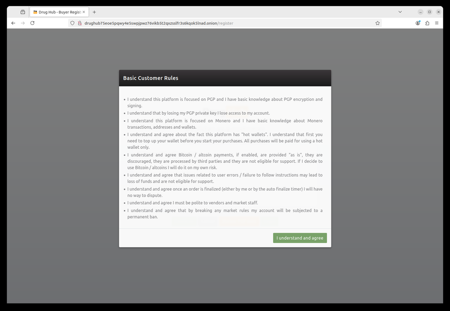 DrugHub market registration rules page outlining buyer conduct and transaction requirements
